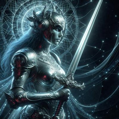 The primary subject of the image is a woman dressed in a metallic armor, holding a sword. She is the focal point of the scene. The setting is a space with a backdrop of stars, creating a celestial atmosphere. The visual style is digital art, as the woman is depicted in a futuristic and fantastical manner. The dominant colors are silver, blue, and black, which contribute to the overall mood of the image, which is a mix of futuristic, fantastical,